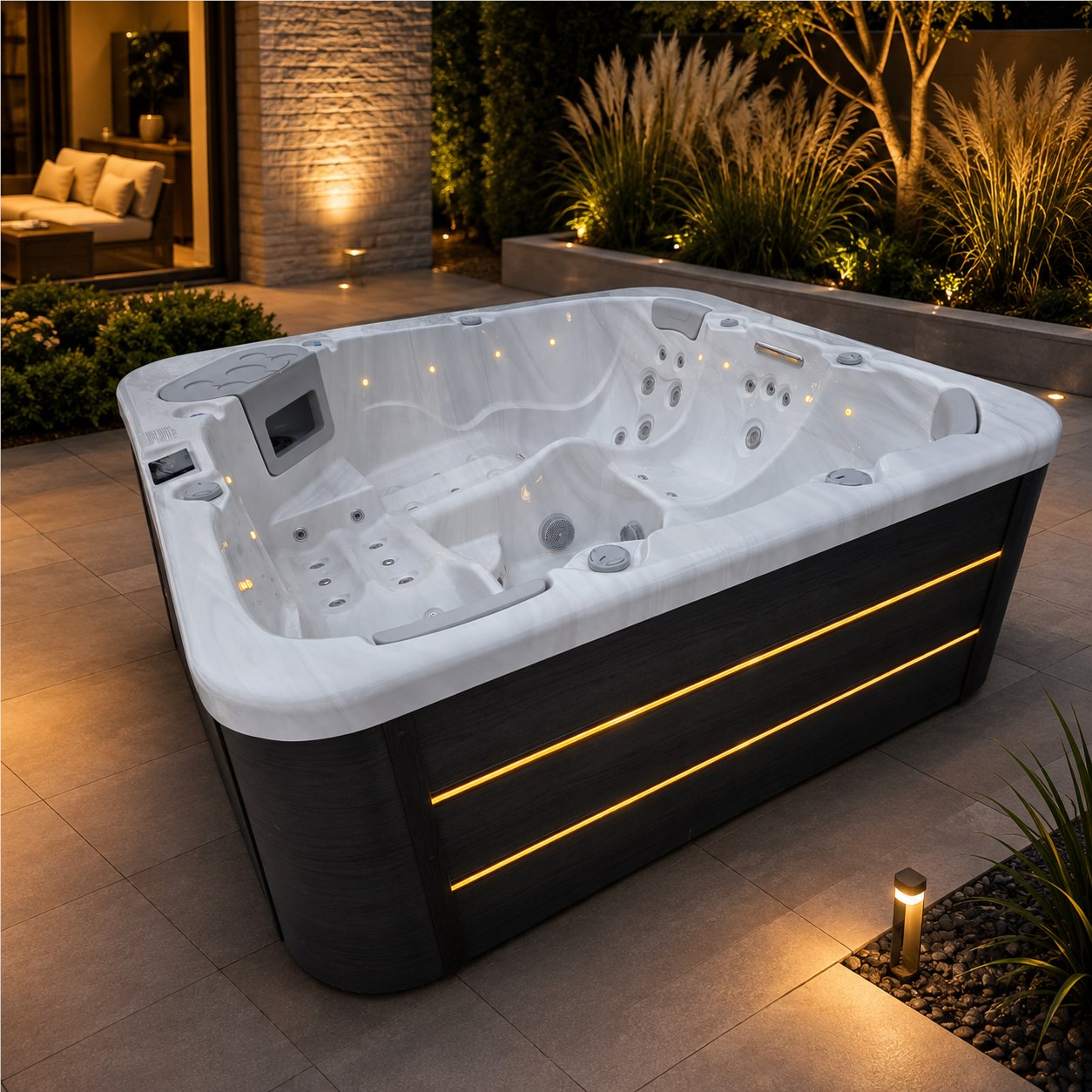 Jacuzzi EM Spa z białą marmurową misą i grafitową obudową